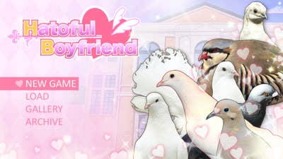 Title screen from Hatoful Boyfriend, showing a menu with a pink tint, the game's logo, and a collage of bird characters from the game in front of a building, with an overlay of hearts around the screen