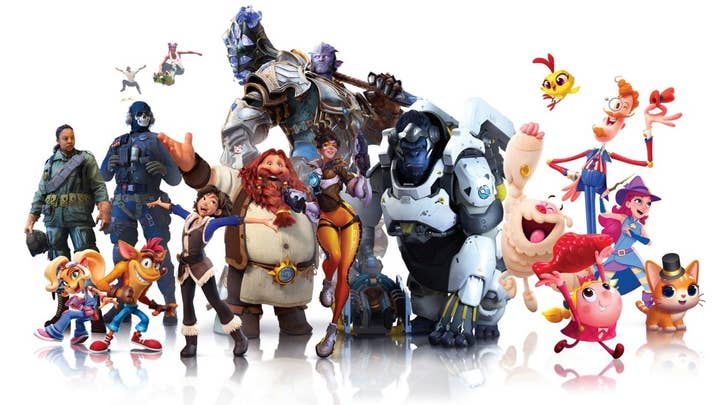 A group of more than a dozen Activision, Blizzard, and King characters standing together