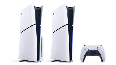 Two of the 2023 redesigned PS5 models, one with the disc drive and one without. A DualSense controller sits next to them