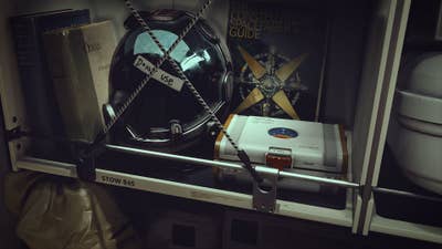 An image of a locker from Starfield. Inside is a colorful box labeled "Property of Constellation," three books (Sailing Alone Around the World, Omega, and The Constellation Spacefarer's Guide), and a space helmet with a cracked visor and tape across the front with "Don't Use" written on it.