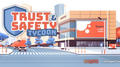 Splash screen for Trust & Safety Tycoon showing the game's logo on the left against an illustrated street view of the headquarters of fictional social media company Yapper
