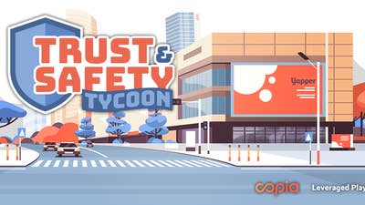 Splash screen for Trust & Safety Tycoon showing the game's logo on the left against an illustrated street view of the headquarters of fictional social media company Yapper