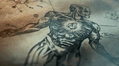 A teaser image from Ubisoft's Champions Tactics showing an anatomical drawing of a skull-faced person with a glowing crystal in its chest