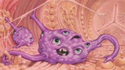 A piece of concept art showing a pink blob alien with several tendrils and a mish-mash of eyes and orifices on the main part of its body.