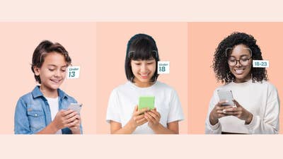 Image of three children looking at phones. They have virtual frames around their faces and are labelled "under 13," "under 18," and "18-23"